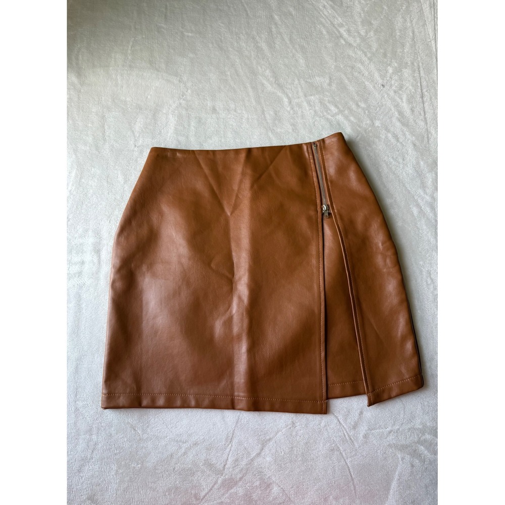 Naanaa Brown Faux Leather Mini Skirt Size US 4‎ Cognac Wrap Front Zip Slit